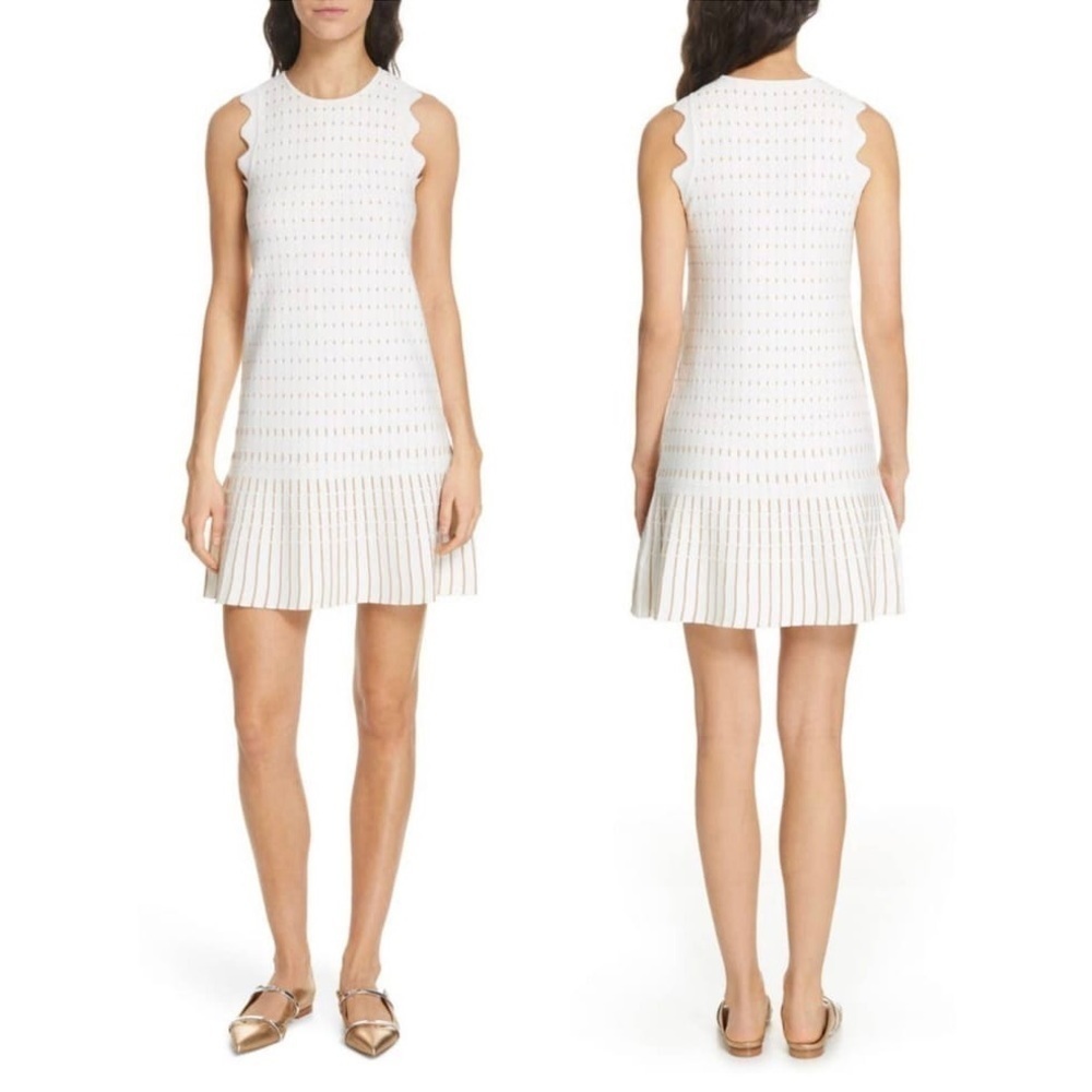 NWT TED BAKER‎ Gold Embroidered Knit Sleeveless Ruffle Flip Skirt Shift Dress 12 - Picture 4 of 16
